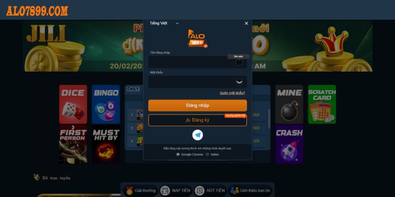 Bước 1: Vào trang chủ đăng nhập Alo789