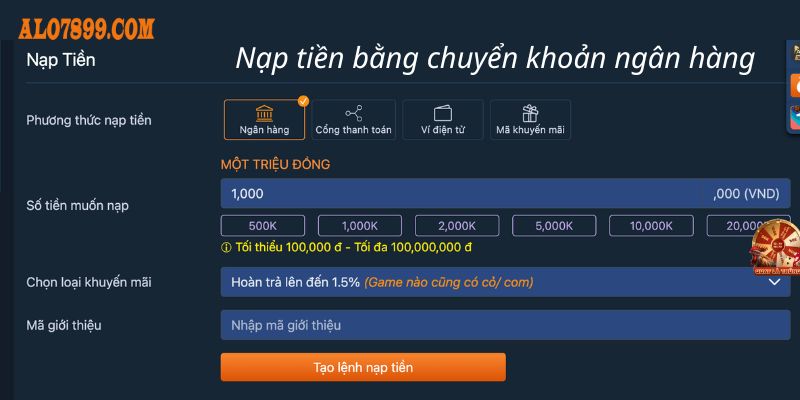 Quy trình nạp tiền vào tài khoản Alo789 bằng ngân hàng