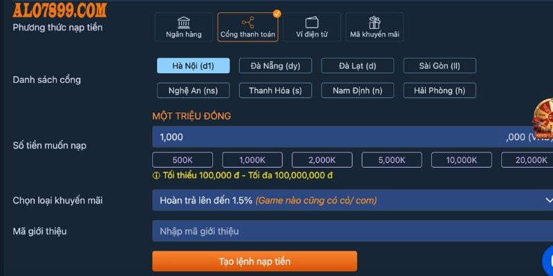 Cách thức nạp tiền Alo789 bằng cổng thanh toán