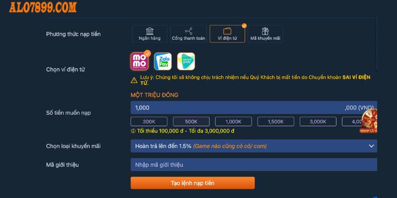 Hướng dẫn quy trình nạp tiền Alo789 bằng ví điện tử