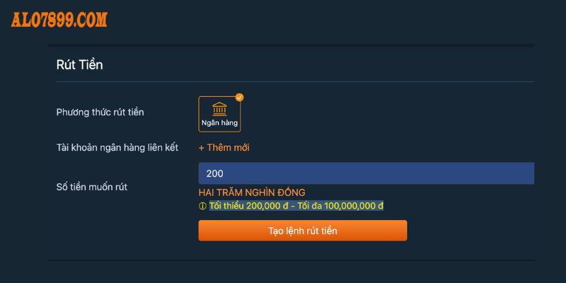 Điền thông tin để tạo lệnh rút tiền Alo789